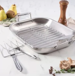 D3 Stainless 3-Ply Bonded Cookware, Large Flared Roaster With Rack And Two Turkey Forks><noscript><img width=