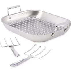 D3 Stainless 3-Ply Bonded Cookware, Large Flared Roaster With Rack And Two Turkey Forks><noscript><img width=